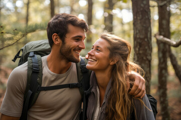 Fototapeta premium Young couple hiking through the woods, deeply in love, sharing an intense eye contact, looking at each other. Generative AI