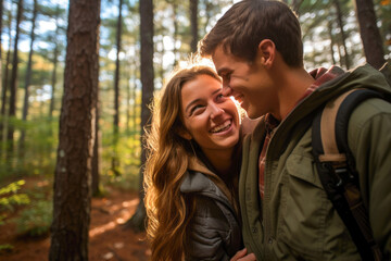 Fototapeta premium Young couple hiking through the woods, deeply in love, sharing an intense eye contact, looking at each other. Generative AI