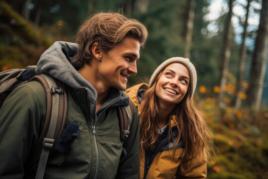 Young couple hiking through the woods, deeply in love, sharing an intense eye contact, looking at each other. Generative AI