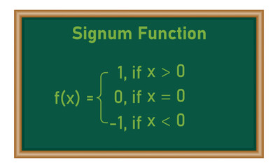 Signum function formula domain and range. Mathematics resources for teachers and students. Vector illustration isolated on chalkboard.