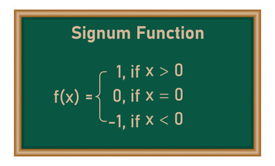 Signum function formula domain and range. Mathematics resources for teachers and students. Vector illustration isolated on chalkboard.