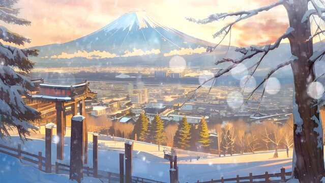 Beautiful fantasy winter nature landscape and countryside animation background in Japanese anime watercolor painting illustration style.  seamless looping video animated background.