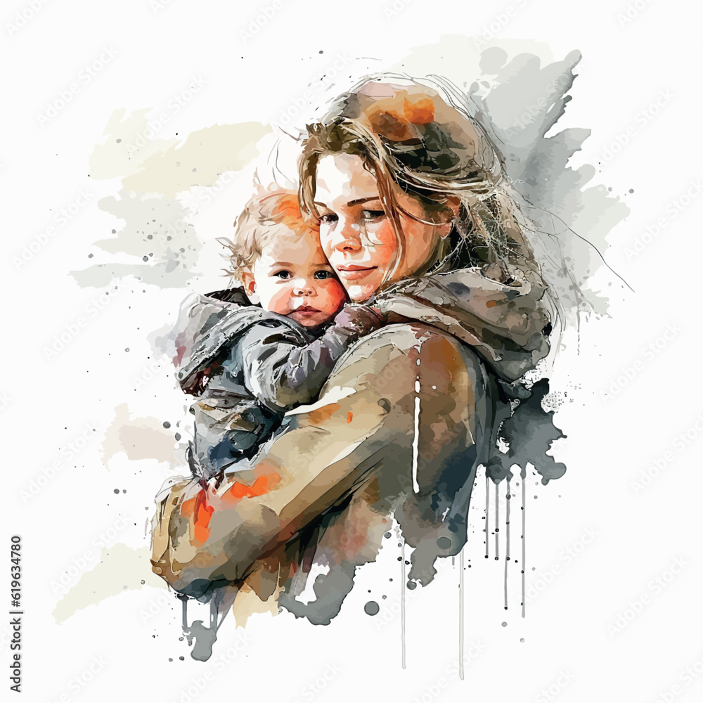 Wall mural mother with a child. watercolor painting. loving mother hold in arms embrace little baby girl child 