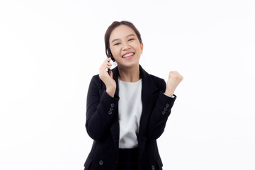 Young asian business woman in suit talking on smart phone isolated on white background, businesswoman speaking on smartphone with conversation, female holding cell phone, communication concept.