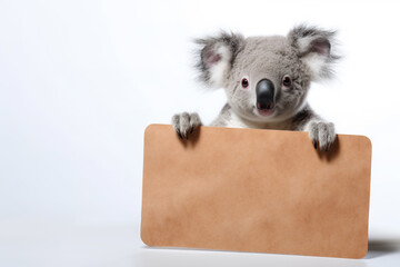 Koala bear holding a blank wood board isolated on white background.