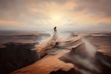 Fototapeta na wymiar Whispers of the Wind: The wind carries a sense of liberation and inspiration, standing on the precipice of a majestic cliff, a solitary figure is embraced by the gentle caress of the wind.