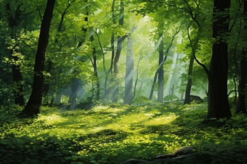 Naklejka premium Dancing Shadows: In a serene forest, the interplay of light and darkness imbues the scene with an ethereal quality, evoking a sense of harmony and balance.