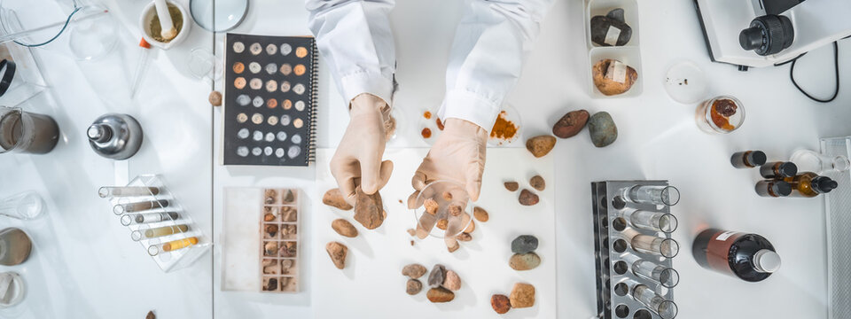 Geology science laboratory research concept, sample test analysis of nature dirtied ground in environment and ecology experiment, agriculture agronomy material to working with scientific equipment
