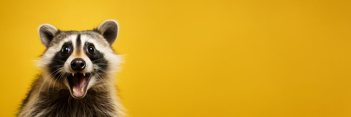 raccoon looking surprised, reacting amazed, impressed, standing over yellow background - obrazy, fototapety, plakaty
