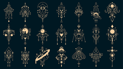 Sacred geometric symbols with animal, moon, eye, arrows, dreamcatcher and etc. Gold abstract mystical magic signs collection set. Vector illustration © Yuhan_0001