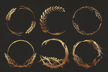 稲穂, 稲, ベクター, セット, 筆, 筆書き, 金, 金箔, ゴールド, フレーム, アイコン, 米, お米, 田んぼ, 収穫, 農業, 和, ビンテージ, 