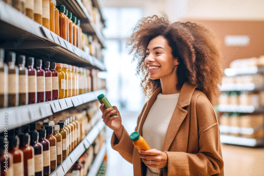 Wall mural woman comparing products in a grocery store, considering nutrition, prices, and ingredients, demonst