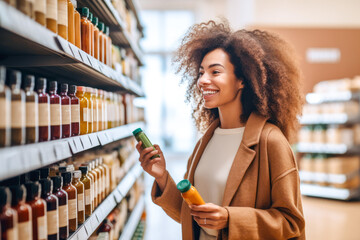 Woman comparing products in a grocery store, considering nutrition, prices, and ingredients, demonstrating informed consumer behavior, generative ai