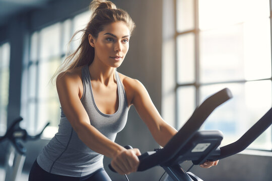 Woman on stationary exercise bike, maintaining a healthy lifestyle, focused on exercises, generative ai