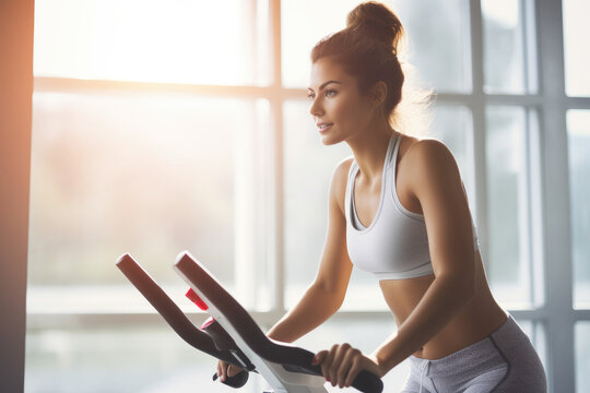 Woman on stationary exercise bike, maintaining a healthy lifestyle, focused on exercises, generative ai