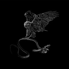 hawk and snake hand drawing vector isolated on black background.