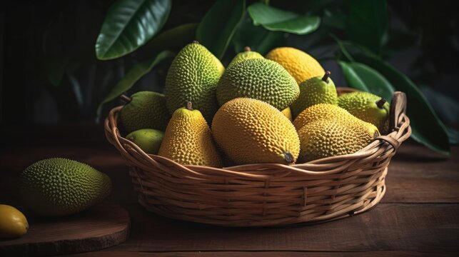Jackfruits on bamboo basket with jack fruit leaf ornament and blurred background