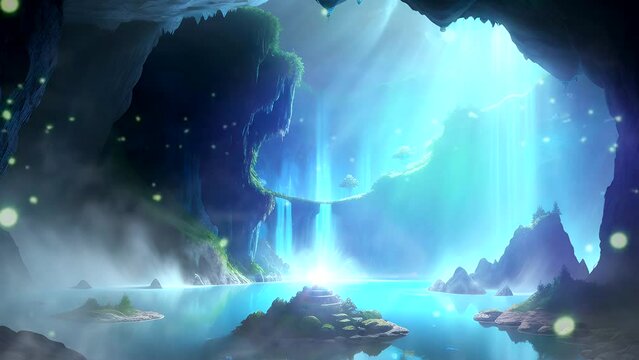 Magical fantasy hidden forest landscape with blue color and sparkling light, Digital art.  Fantasy scenery deep colors.  Animated looping background.