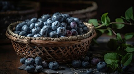 a bunch of blueberry in a basket with blur background and good view