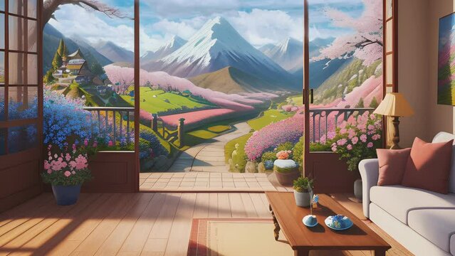 Seamless looping virtual video animation of a Japanese house living room with a day landscape view through an open door, depicted in anime watercolor painting style.