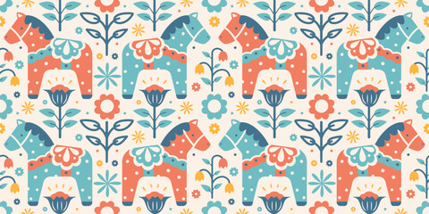 Swedish folk seamless wallpaper with Dala or Dalecarlian horse. Simple naive Nordic stylized ornament. Pastel color tile print, fabric, background.