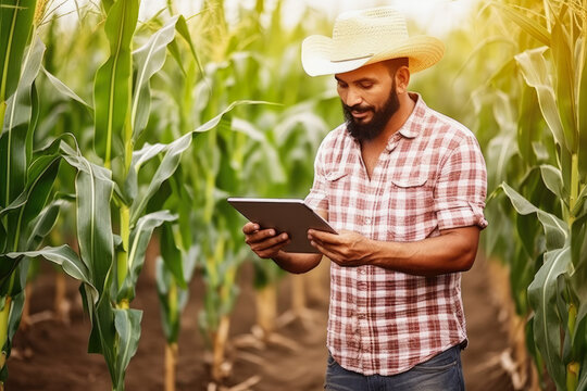 Modern farmer in a middle of corn field using digital tablet to review harvest and crop performance, ESG concept and application of technology in contemporary agriculture practices, generative ai