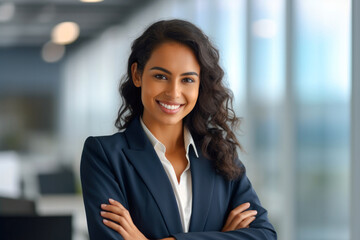 Hispanic woman executive portrait in a modern office setting, dressed in formal business attire, radiating leadership and success, generative ai