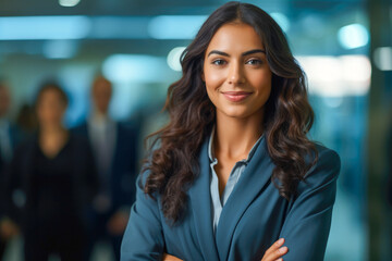 Obraz premium Hispanic woman executive portrait in a modern office setting, dressed in formal business attire, radiating leadership and success, generative ai
