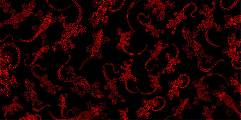 gecko - lizard pattern background (black bg - red outline) - obrazy, fototapety, plakaty