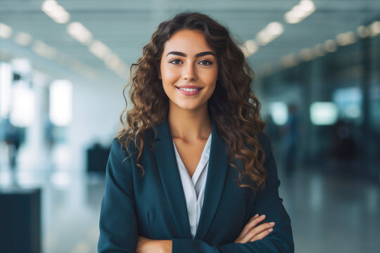 Hispanic woman executive portrait in a modern office setting, dressed in formal business attire, radiating leadership and success, generative ai