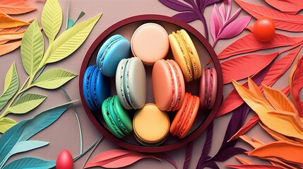 Generative AI image of an overhead view, macaroons nestled in a container, displaying a tempting array of colors and flavors, inviting indulgence.