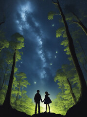 Obraz na płótnie Canvas silhouette of a couple kissing under the stars in the middle of the forest