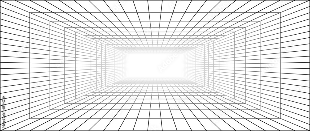 Poster wireframe grid room. 3d vanishing perspective background. futuristic digital outline space. black an