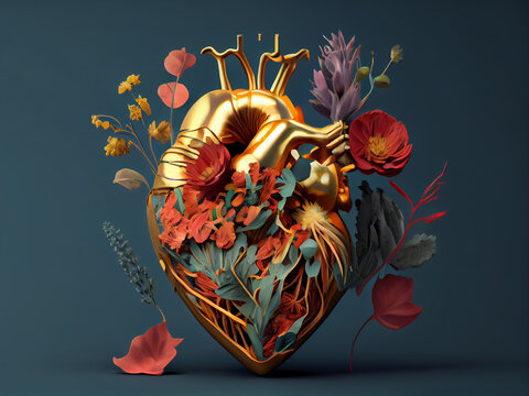 The human heart framed by fresh flowers and on a uniform background. Generative AI