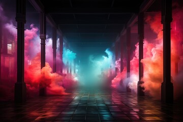 Colorful fog in a dark room background, AI generated