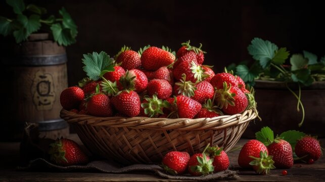 Closeup Strawberries in a bamboo basket with blur background