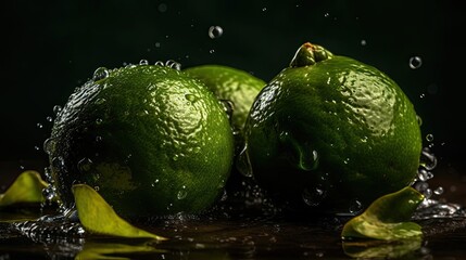 Fototapeta na wymiar Lime hit by splashes of water with black blur background