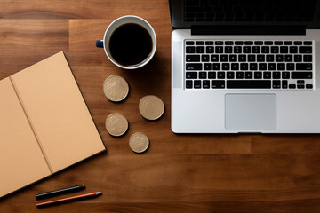 Fototapeta na wymiar Overhead View of a Workspace with Essential Business Items - Depicting a Freelancer's Daily Routine