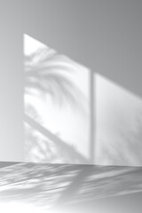 Monotone background wall with palm tree leaf
shadows. 3d rendering.