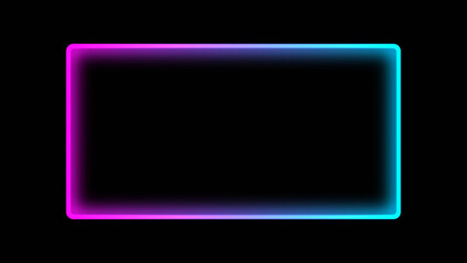 Neon frame. Illuminated background. Blur purple cyan blue color gradient led light rectangle geometric shape on dark black abstract empty space.