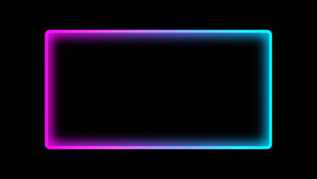 Neon frame. Illuminated background. Blur purple cyan blue color gradient led light rectangle geometric shape on dark black abstract empty space.