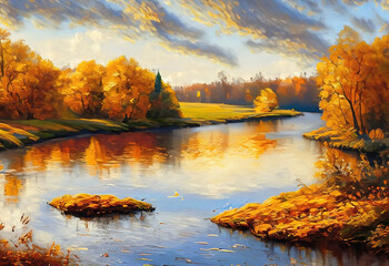 Obraz premium golden autumn, Russian landscape, river