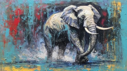 Elephant  form and spirit through an abstract lens. dynamic and expressive Elephant print by using bold brushstrokes, splatters, and drips of paint.  Elephant raw power and untamed energy 