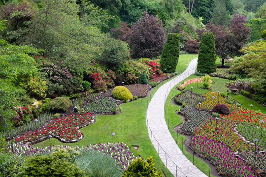 Landscaped Flower Beds with Late Spring and Summer Blooms in Butchart Gardens in Victoria, British Columbia, Canada