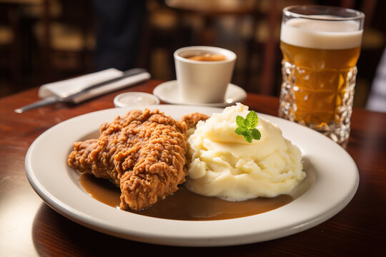 Fried chicken with mashed potatoes in a casual setting, comfort food, generative ai
