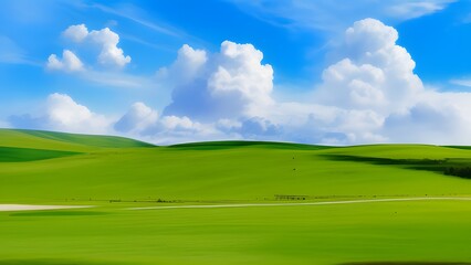 Fototapeta premium Spring Landscape - green field and blue sky - ai generated