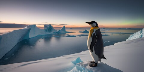 Penguin looking at the aurora in the distance from the iceberg - ai generated