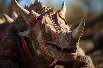 Fototapeta premium Close-Up of Triceratops, Natural light, Generative AI