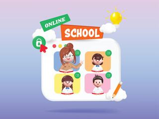 3D Happy cute Students Back to school online education website with video call conferencing. Vector in 3d rendering style.