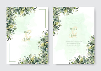 Wedding card template with floral feather green white concept watercolor style